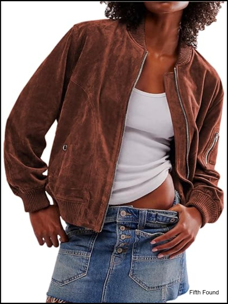 Faux Suede Bomber Jacket Zip Up Cropped Leather Coat With Pockets